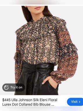 Ulla Johnson Silk Eleni Floral Lurex Dot Collared Bib Blouse Size 2